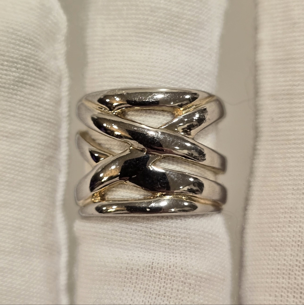 Unique Vintage Silver Chunky Modernist Zig Zag Ring Worn Gold Plating Size 6.5